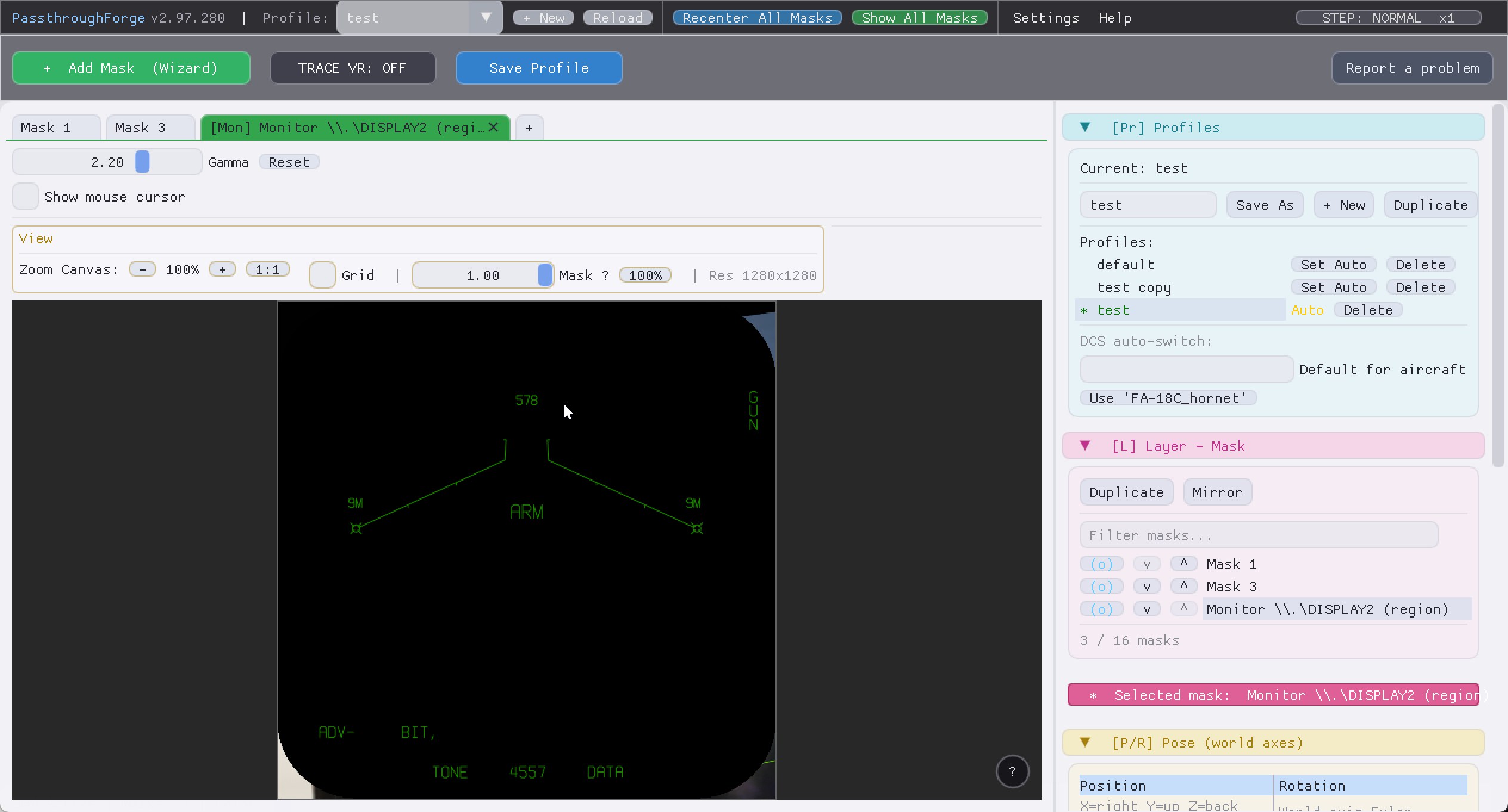 The new mask in the PSF editor showing the live left DDI captured from the monitor region.