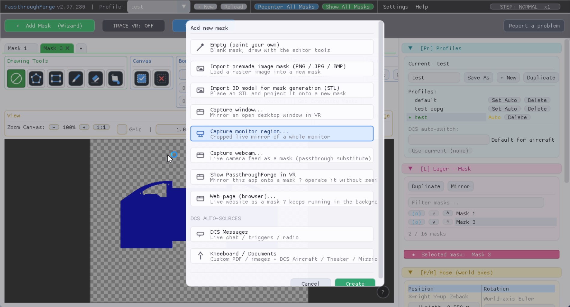The PassthroughForge Add new mask wizard with Capture monitor region highlighted.