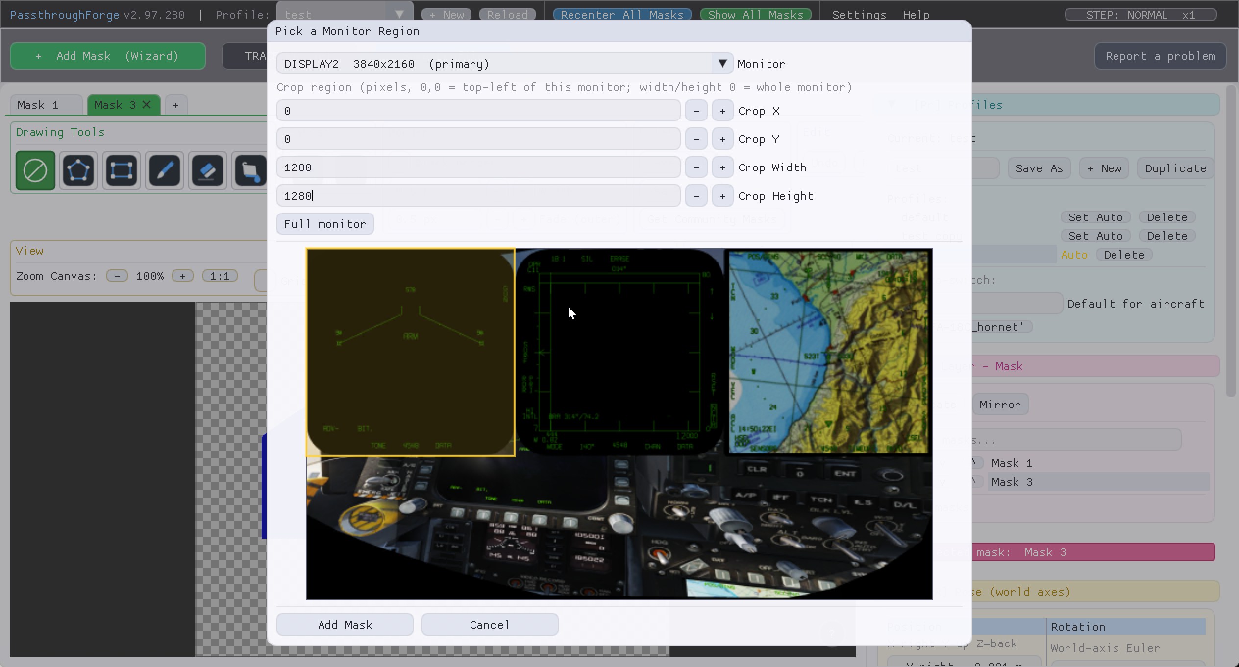 The Pick a Monitor Region picker: DISPLAY2, crop 0/0/1280/1280, the left DDI highlighted in the preview.