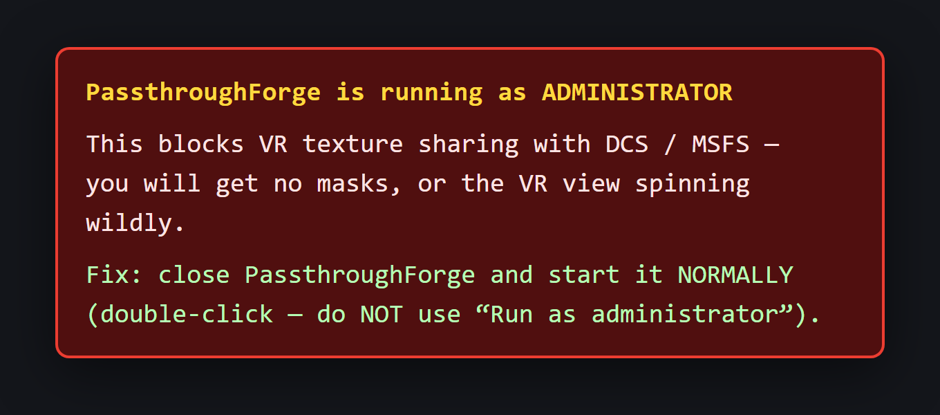 PassthroughForge running-as-administrator warning banner