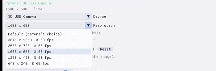 The Resolution dropdown listing the camera's native modes with frame rates.