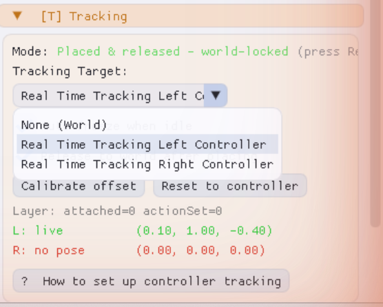 The [T] Tracking section in PassthroughForge with the Tracking Target dropdown open, showing None (World), Real Time Tracking Left Controller and Real Time Tracking Right Controller.