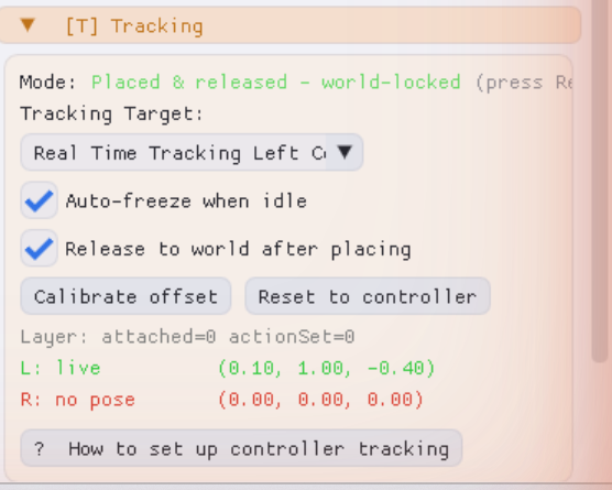 [T] Tracking panel with both checkboxes ticked; the Mode line reads Placed and released - world-locked; below it the Calibrate offset and Reset to controller buttons.