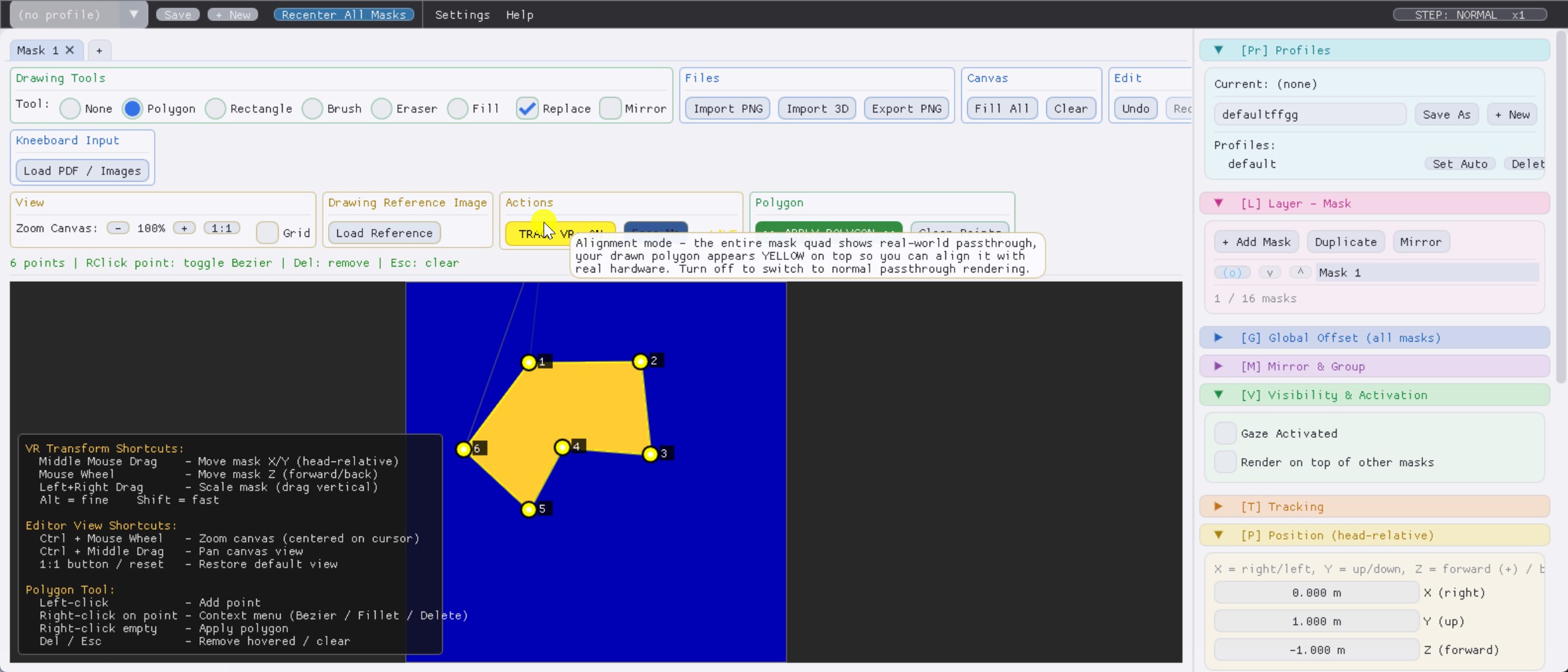 Polygon tool in action - vertices, bezier handles, mirror line.