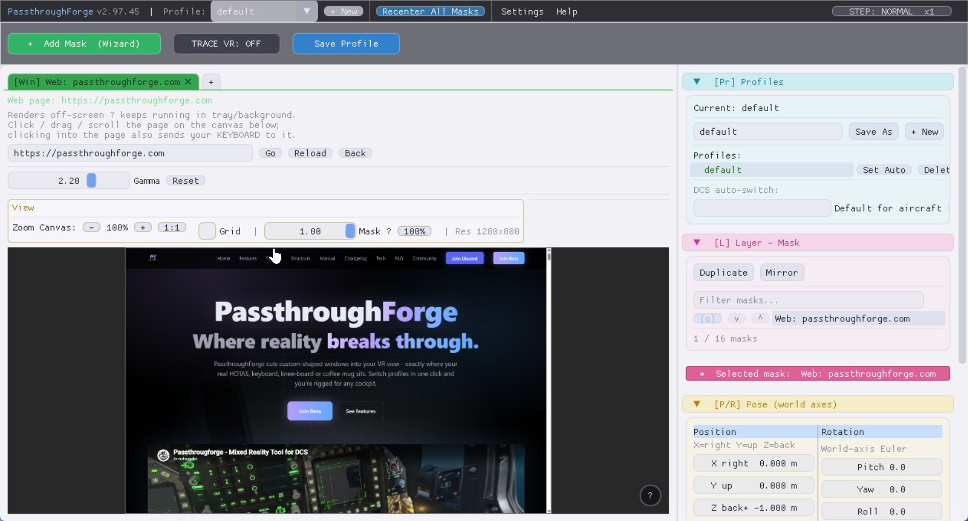 Web browser mask showing a live website as a floating VR panel