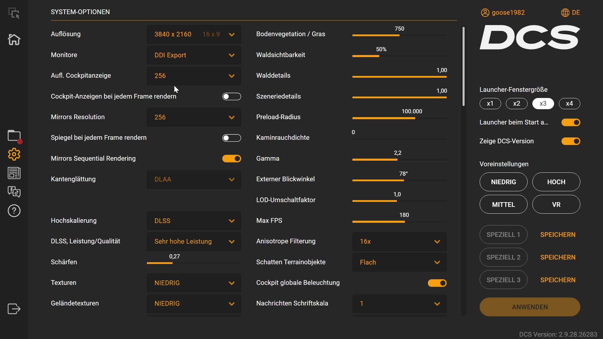 DCS System options with the Monitors dropdown set to DDI Export and the resolution matching the Windows monitor resolution.