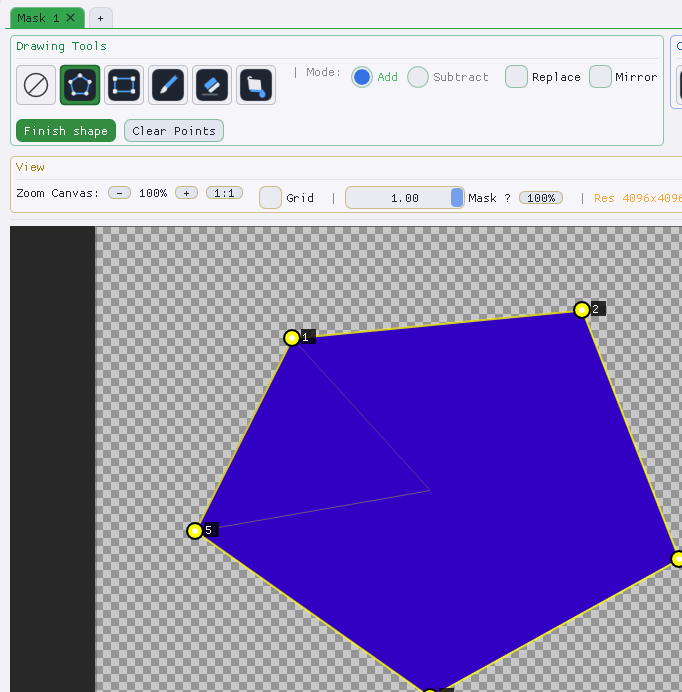 Polygon tool with numbered vertices and the Add/Subtract/Mirror controls.