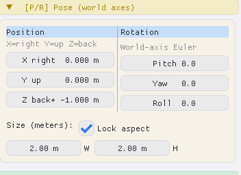 The Pose panel: Position, Rotation and the new Size (meters) scale fields.