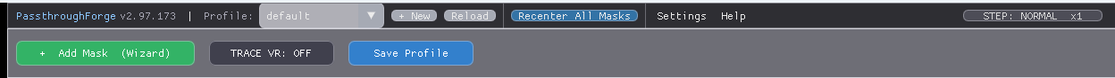 The desktop top bar with the TRACE VR button between Add Mask and Save Profile.