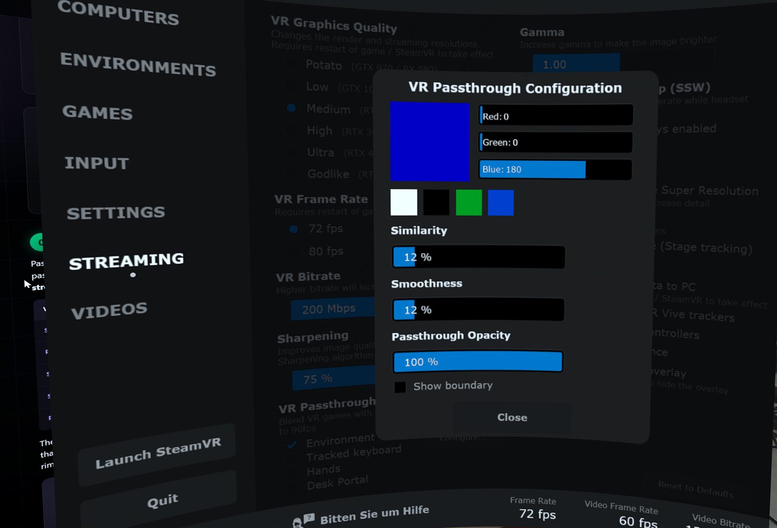 VR Passthrough Configuration dialog: colour Red 0, Green 0, Blue 180; Similarity 12%; Smoothness 12%; Passthrough Opacity 100%.