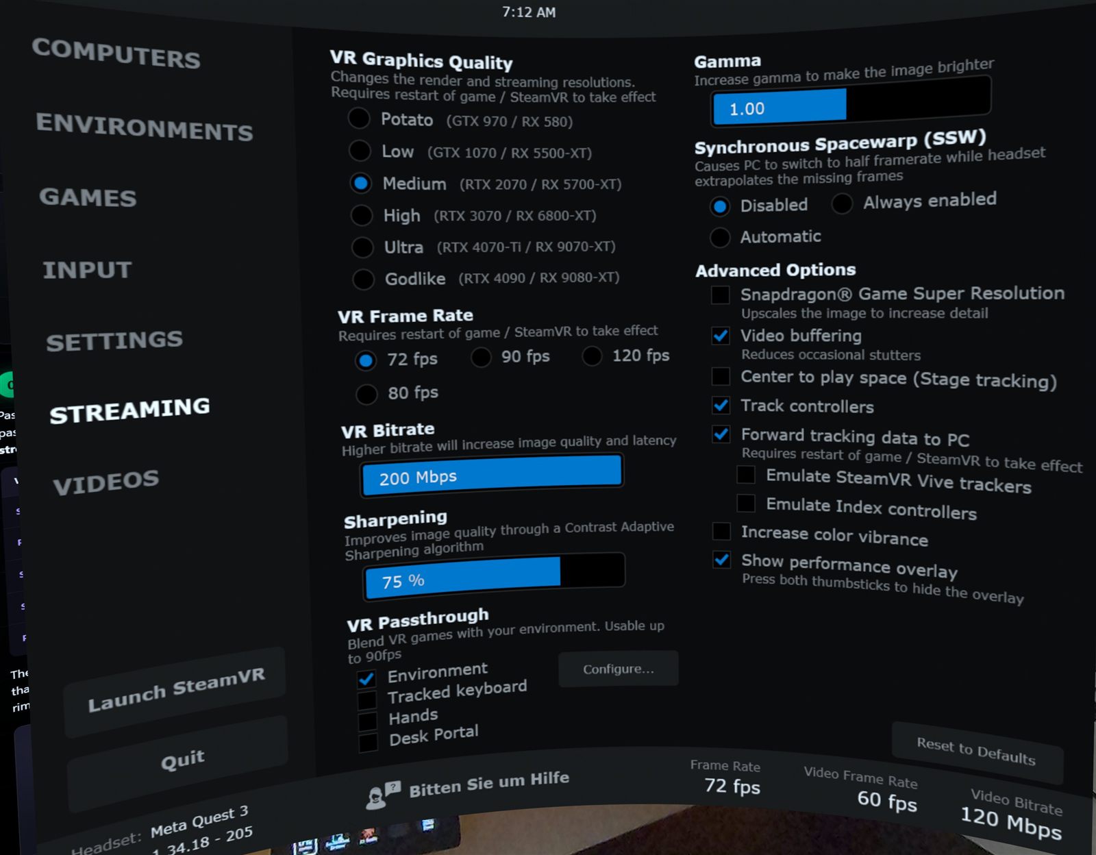Virtual Desktop menu, Streaming tab: VR Passthrough with Environment checked and the Configure button; Advanced Options with Track controllers and Forward tracking data to PC checked.