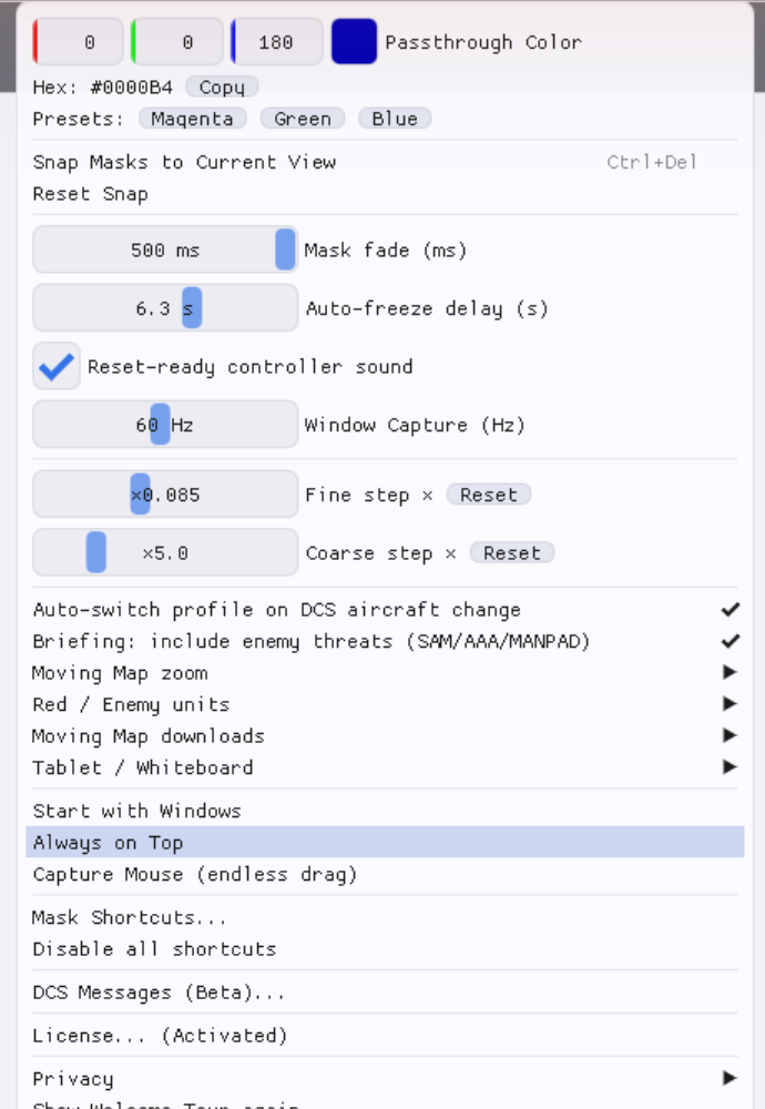 The PassthroughForge Settings menu with the Always on Top item highlighted.