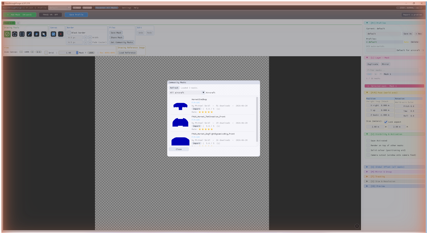 The Community Masks gallery in PassthroughForge listing shared masks with preview, author, download count, star rating and an Import button each, over the empty starter mask.