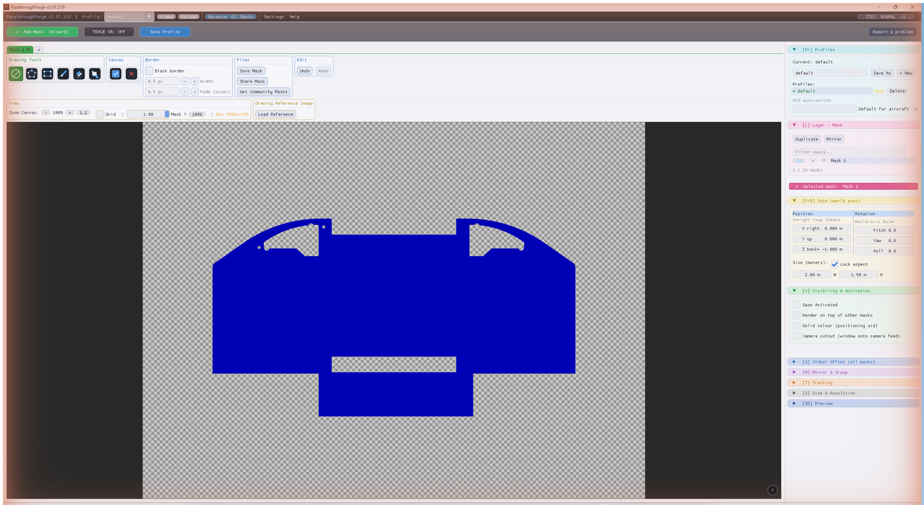 The imported Testmask cockpit cutout in the PassthroughForge editor with an extra rectangular strip added along the bottom edge using the Rectangle tool in Add mode.