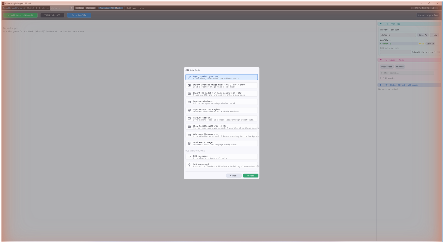 PassthroughForge Add-new-mask wizard with 'Empty (paint your own)' highlighted.