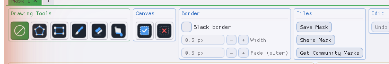The PassthroughForge editor toolbar with the Files group showing Save Mask, Share Mask and the Get Community Masks button.