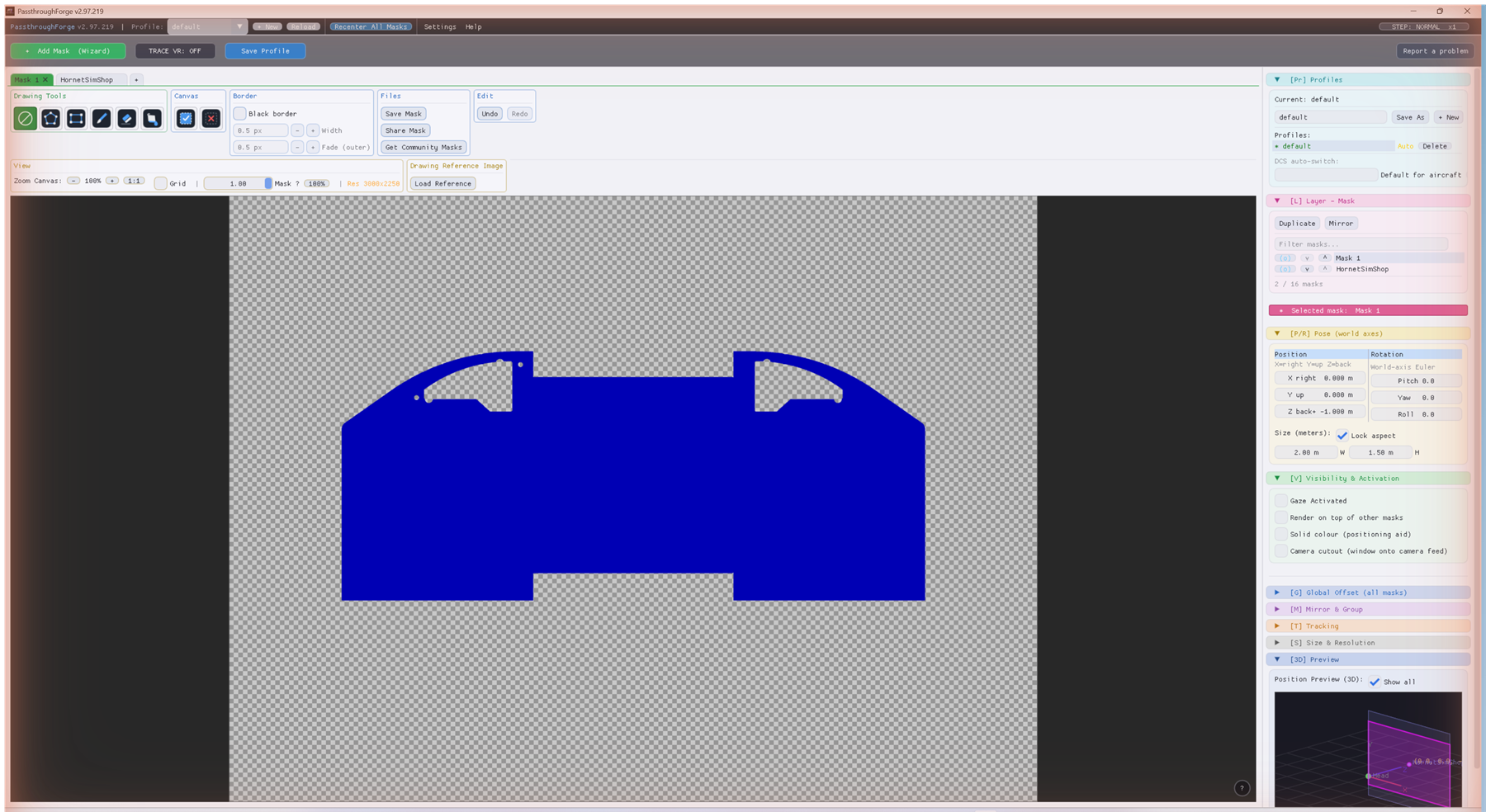 The imported Testmask loaded as Mask 1 in the PassthroughForge editor, with the Pose panel and 3D preview on the right.