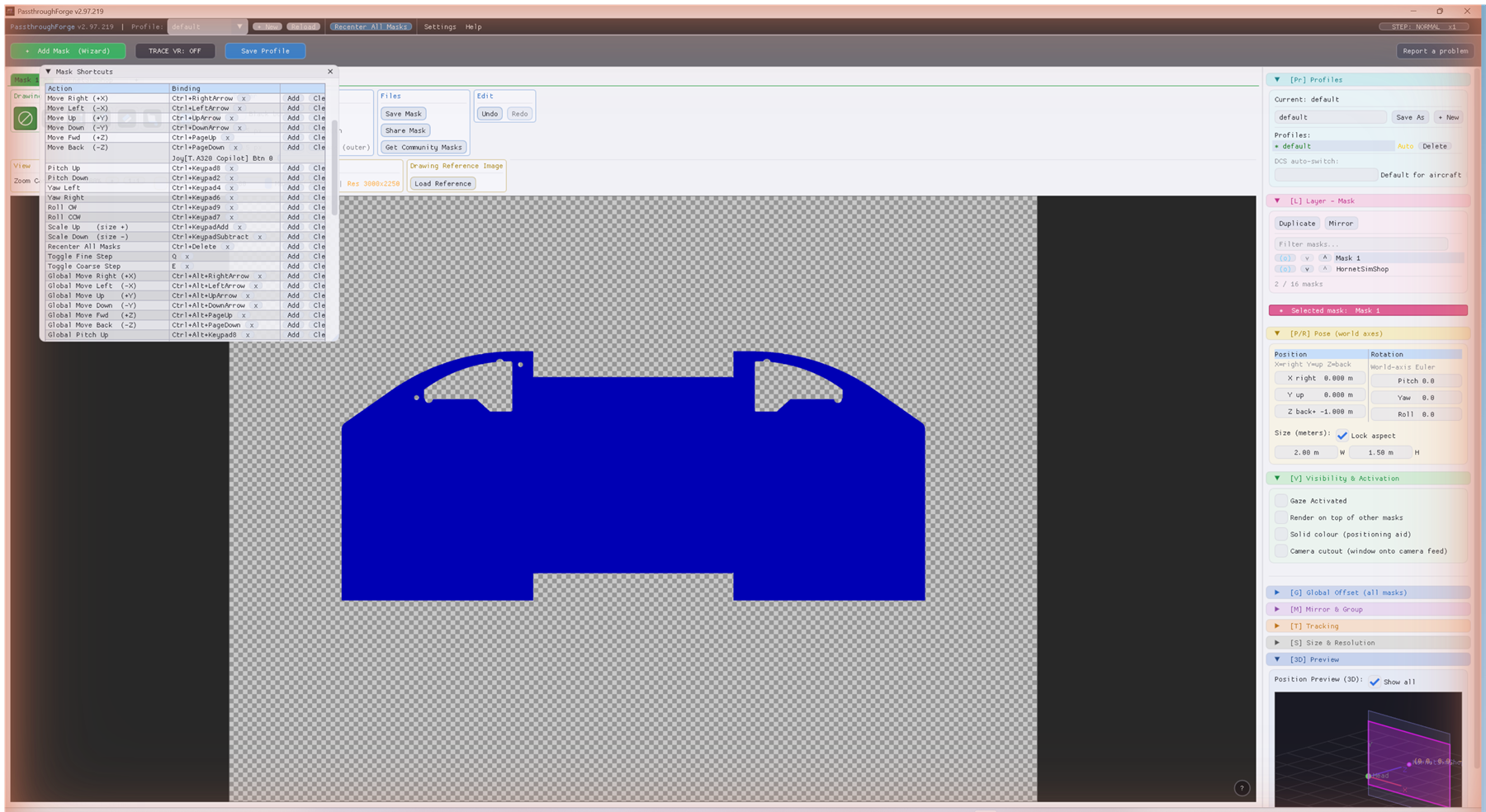 The Mask Shortcuts window in PassthroughForge listing every transform binding - move, pitch, yaw, roll, scale, recenter - each re-bindable, next to the Pose panel.