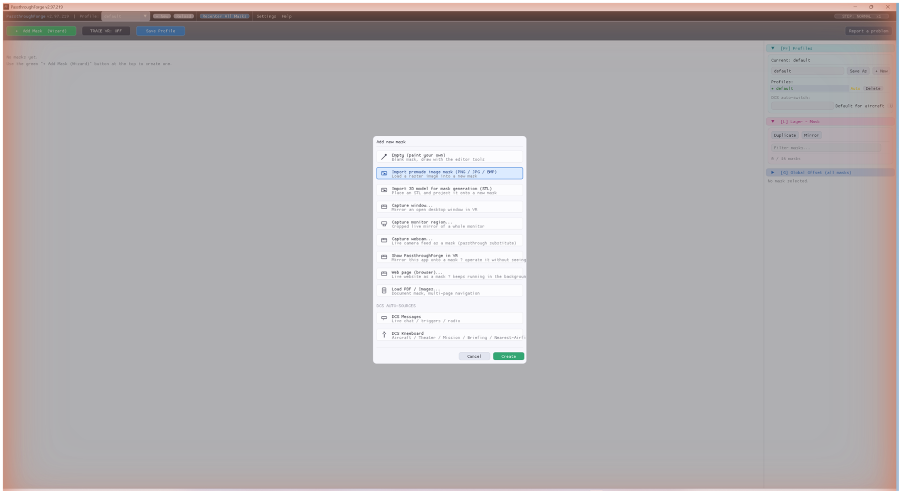 PassthroughForge Add-new-mask wizard with 'Import premade image mask (PNG / JPG / BMP)' highlighted and the Create button.