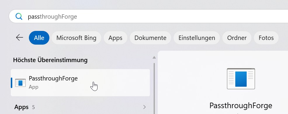 PassthroughForge first launch with the empty default profile.