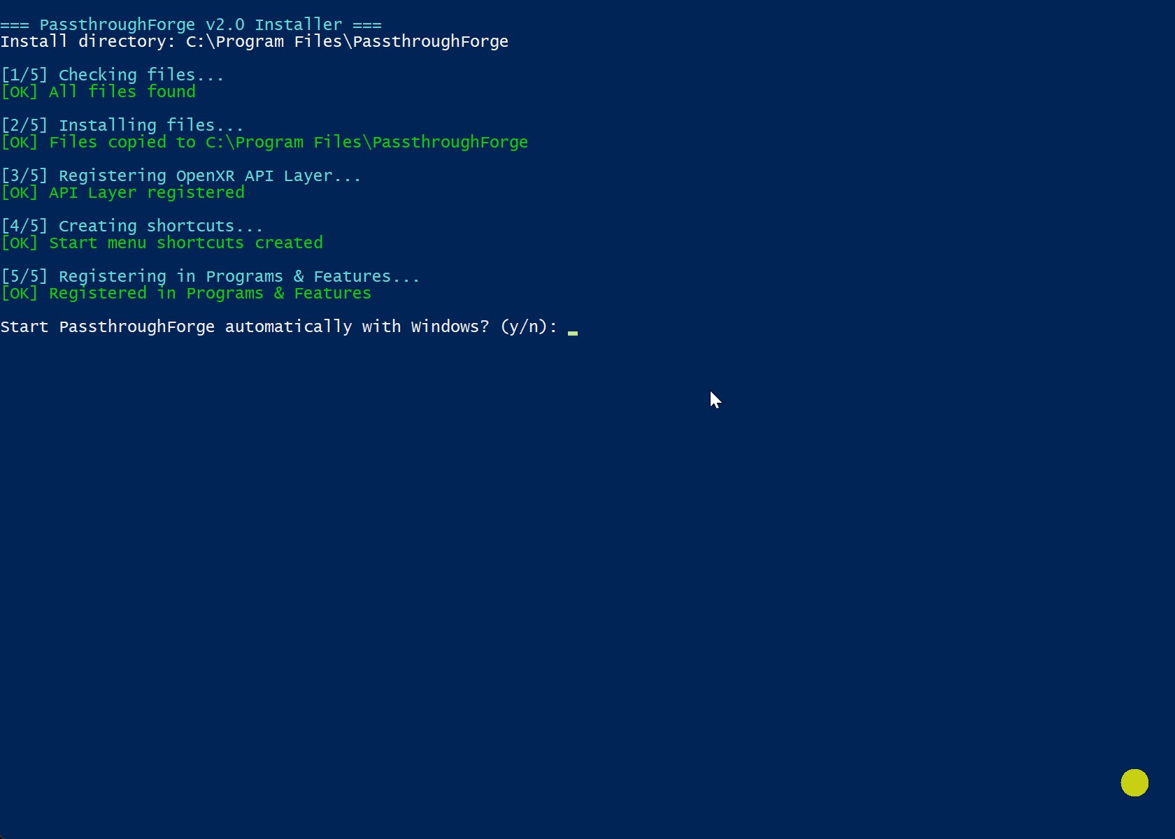 Installer console showing successful install steps with [OK] markers.