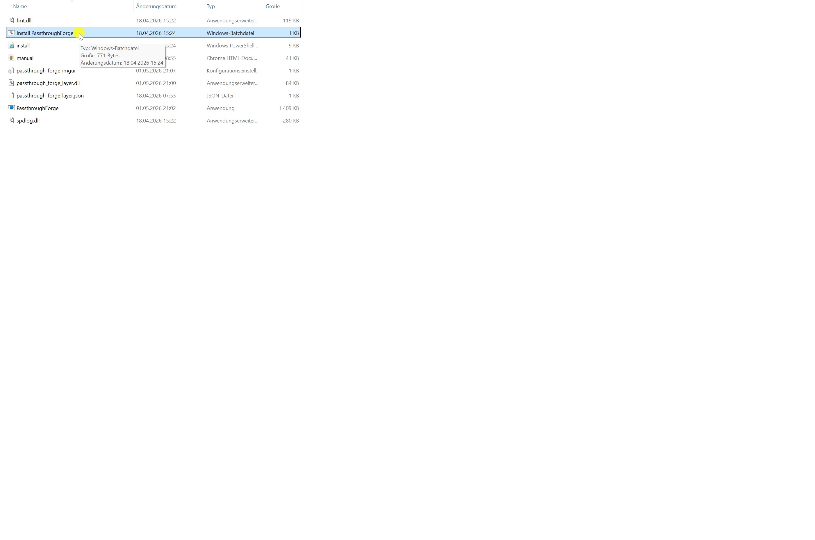 Install PassthroughForge.bat icon highlighted in the extracted folder.