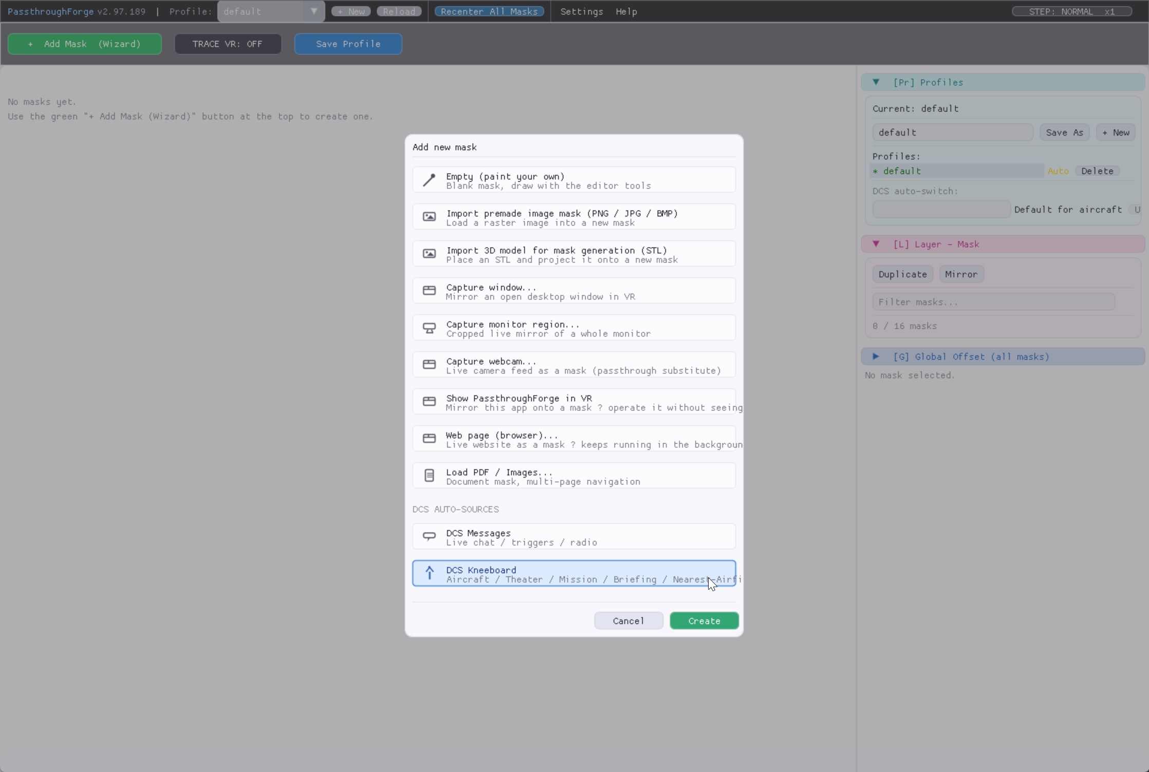 PassthroughForge Add new mask wizard with the DCS Kneeboard source highlighted and the Create button.