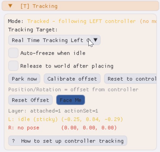 [T] Tracking panel with both Auto-freeze when idle and Release to world after placing un-ticked; the Mode line reads Tracked - following (live).