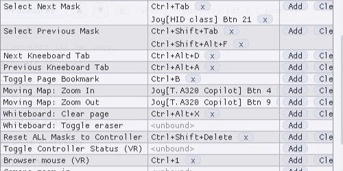 The Mask Shortcuts dialog showing the kneeboard rows: next and previous tab, page bookmark, moving map zoom and whiteboard actions.