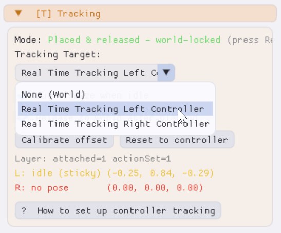 The [T] Tracking section with the Tracking Target dropdown open on Real Time Tracking Right Controller.