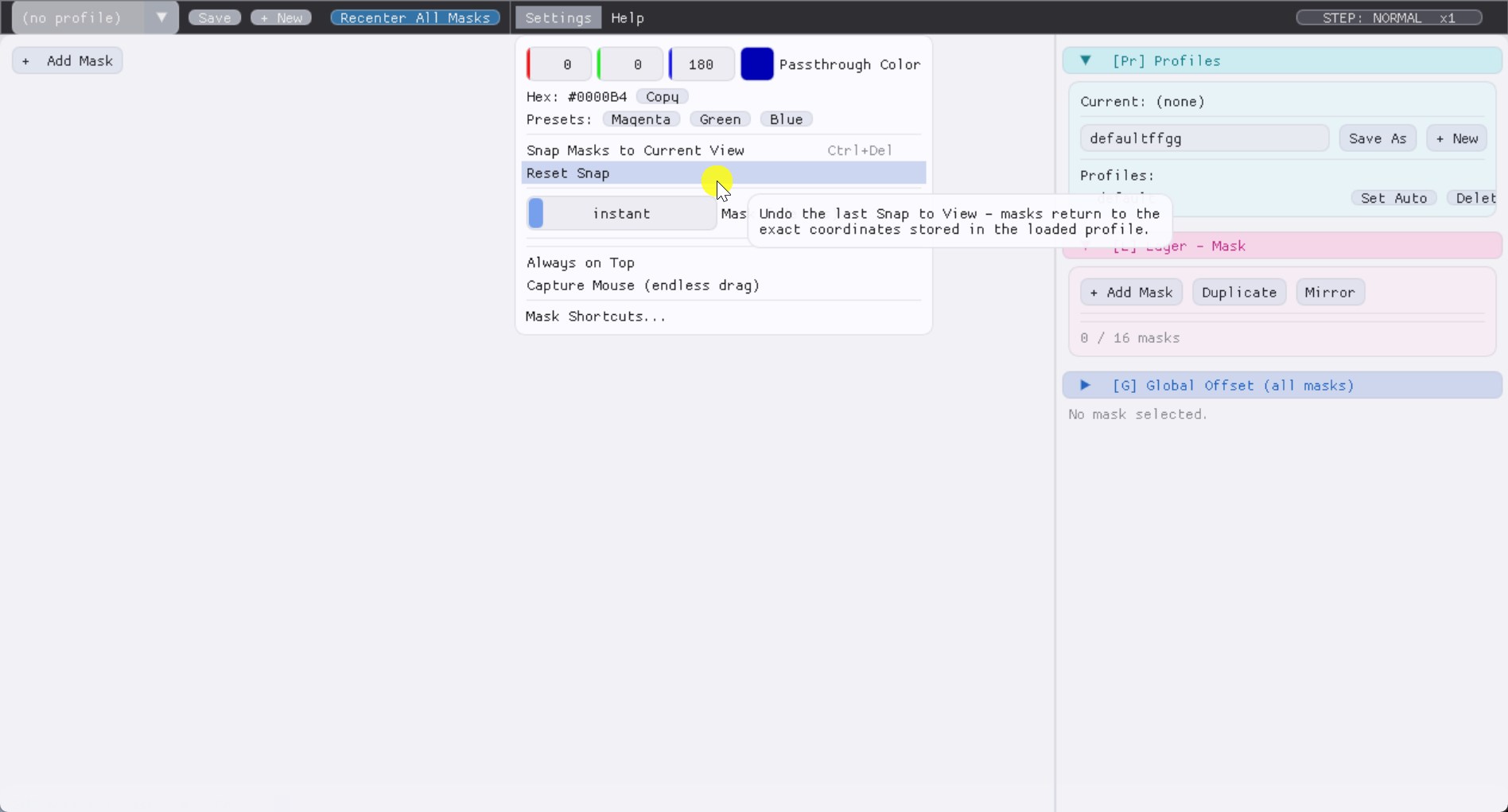 Settings menu showing Reset Snap to revert to profile state.