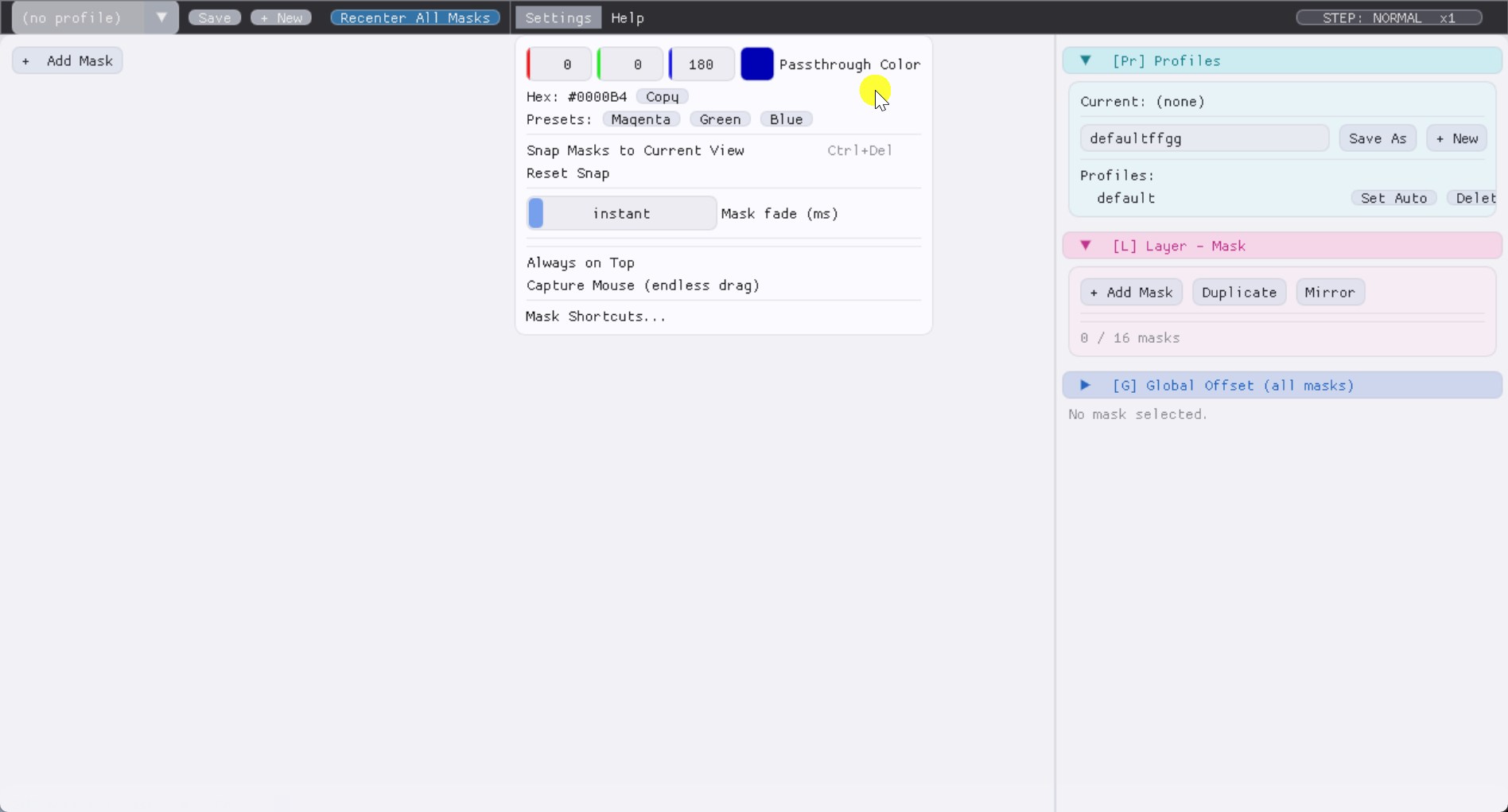 Settings menu opened, showing color and snap controls.