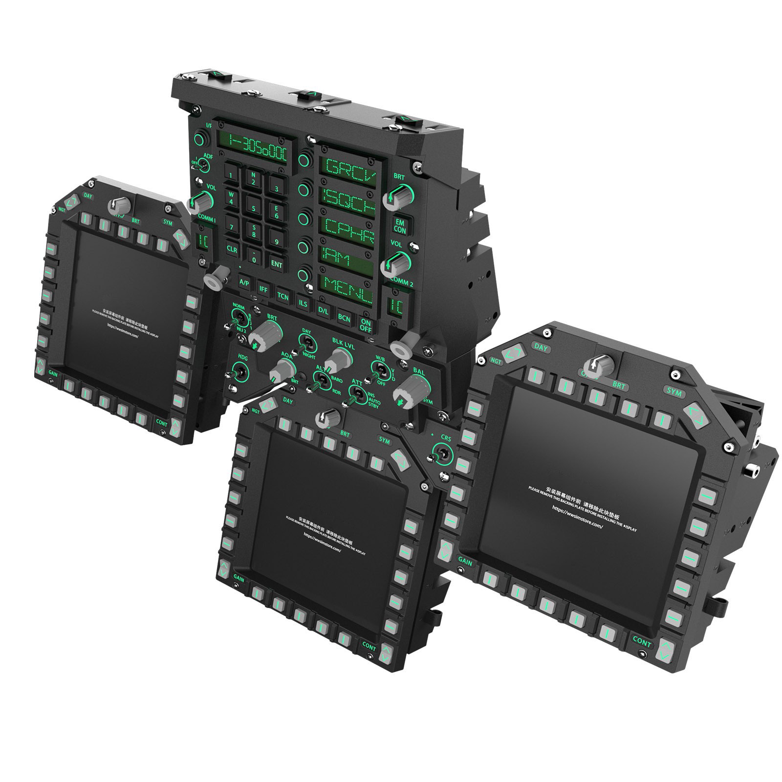 The WINWING F/A-18C MIP: the UFC plus the three DDI and AMPCD bays, each shipped with a backing plate where the screen would go.