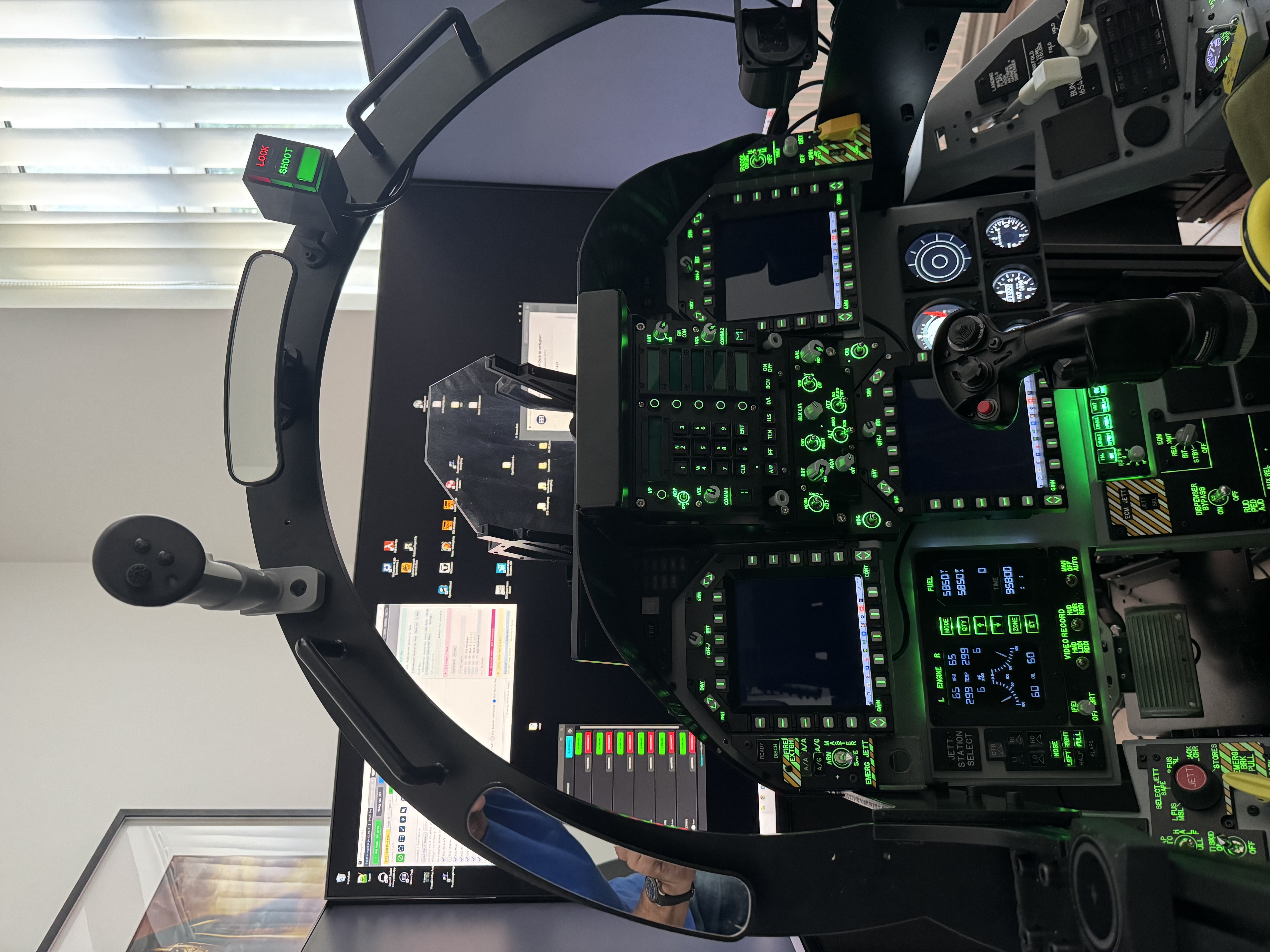 A Quest controller mounted rigidly on the cockpit frame, kept in view of the headset cameras.