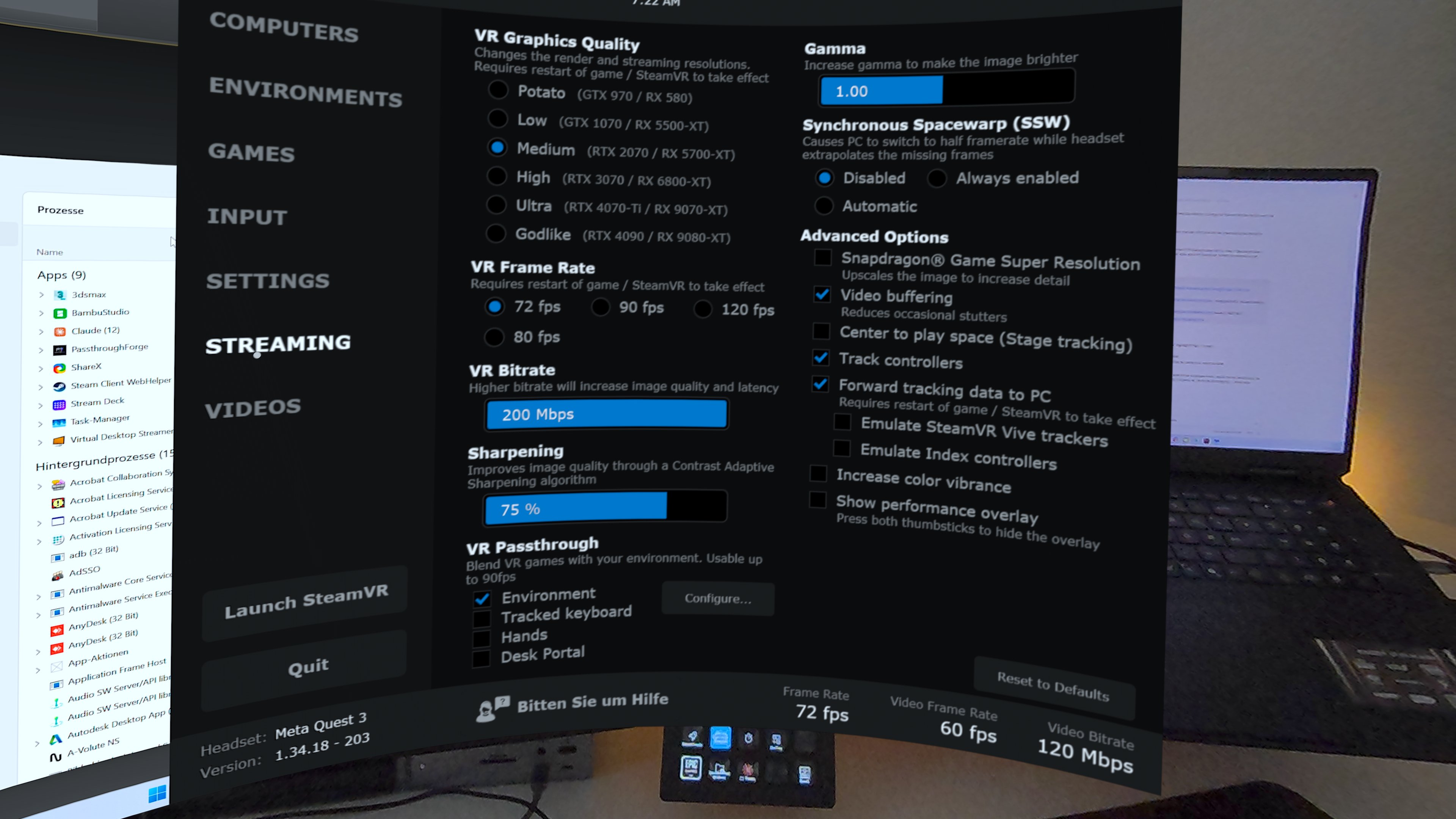 Virtual Desktop STREAMING tab with 'Track controllers' and 'Forward tracking data to PC' ticked.