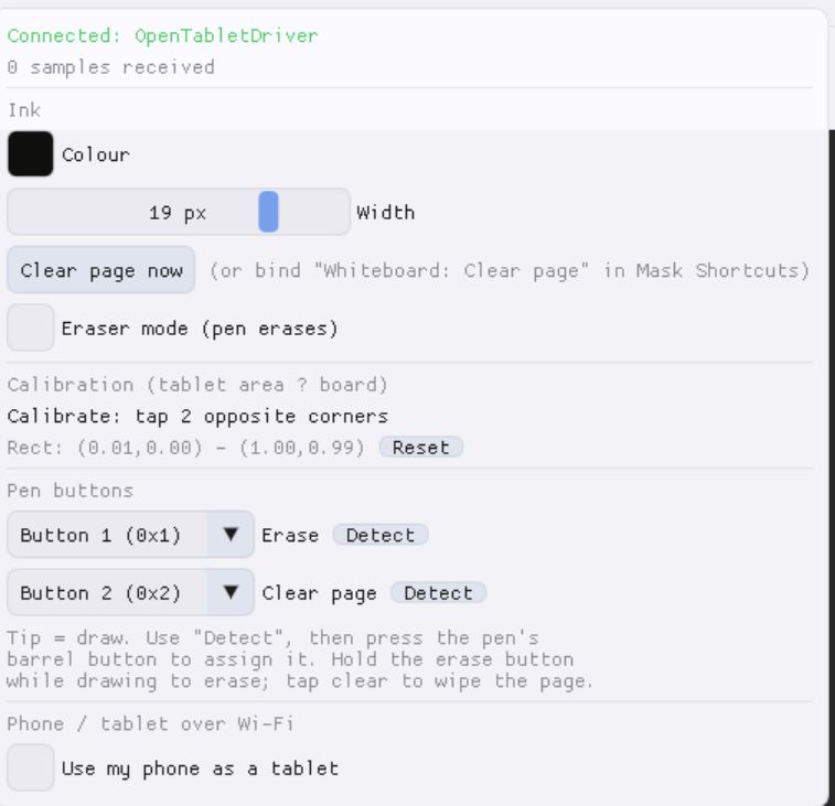 PassthroughForge Settings menu, Tablet / Whiteboard panel: green 'Connected: OpenTabletDriver' status, ink colour and width, Clear page now, Eraser mode, calibration, pen button assignment and the 'Use my phone as a tablet' option.