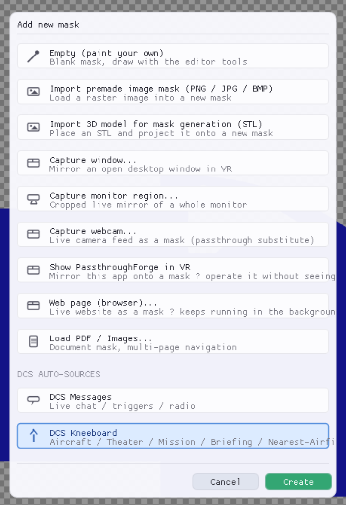 PassthroughForge Add-new-mask wizard with 'DCS Kneeboard' selected under DCS AUTO-SOURCES and the green Create button.