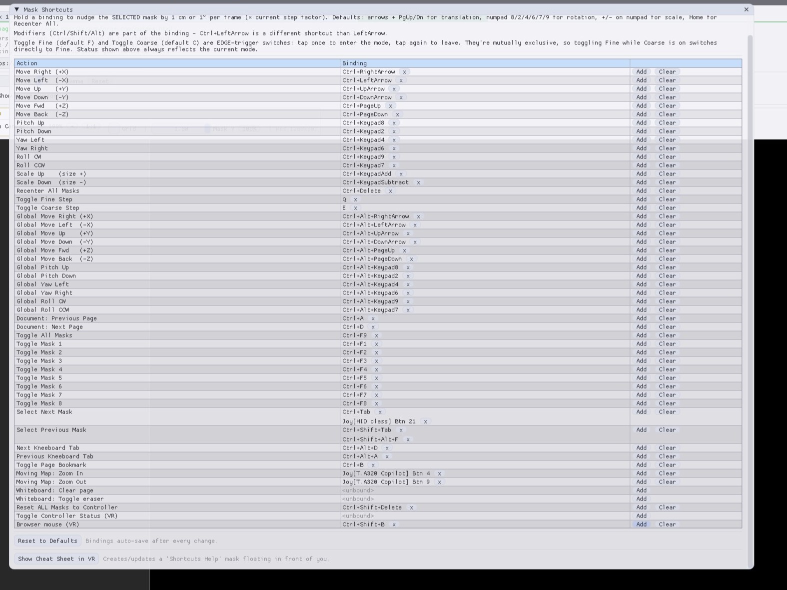 The Mask Shortcuts window in PassthroughForge with the Browser mouse (VR) action and its key binding.
