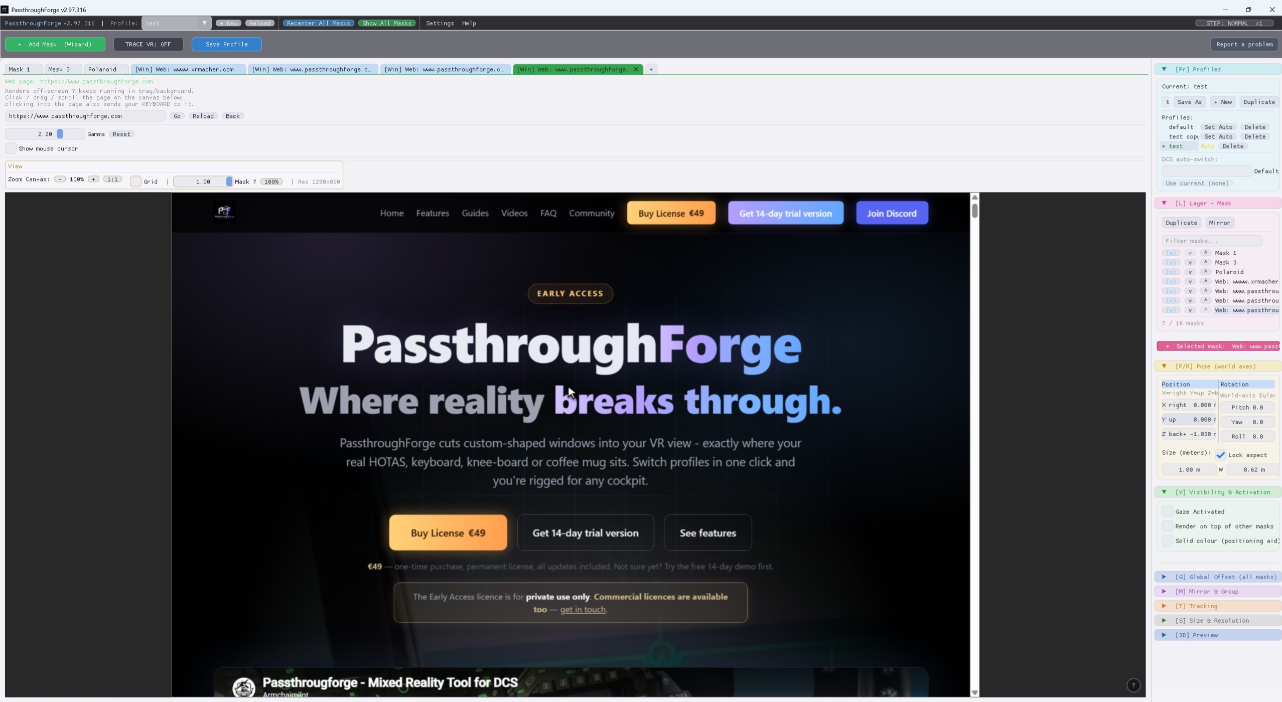 The Web page (browser) mask panel in PassthroughForge with URL field, Go button and the live page on the canvas.