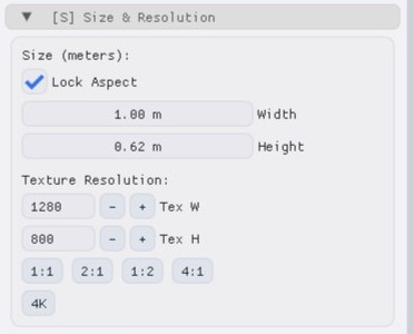 The Size and Resolution section with the Texture Resolution fields Tex W and Tex H and ratio presets.