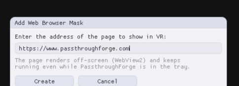 The Add Web Browser Mask dialog asking for the address of the page to show in VR.