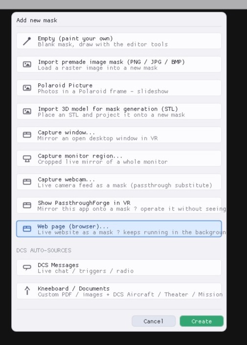 The Add new mask wizard in PassthroughForge with the Web page (browser) source selected.