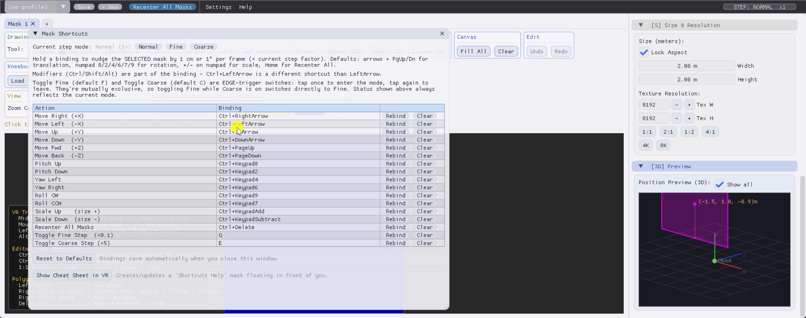 Shortcut configuration window with rebindable action table.